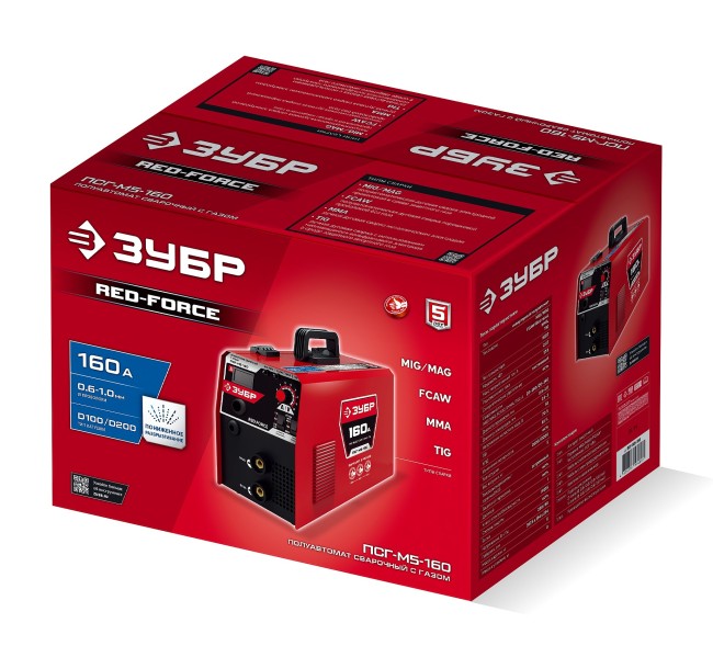 Полуавтомат сварочный, с газом / без газа ПСГ-М5-160 ЗУБР RED FORCE, MIG / MAG, FCAW, MMA, TIG, 160 А