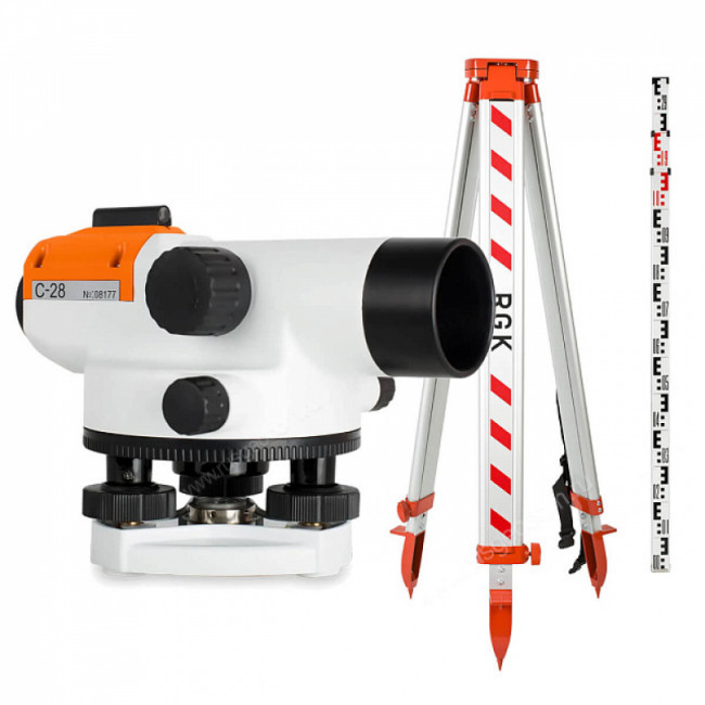 Комплект оптический нивелир RGK C-28 + штатив S6-N + рейка AMO S3 Комплект оптический нивелир RGK C-28 + штатив S6-N + рейка AMO S3