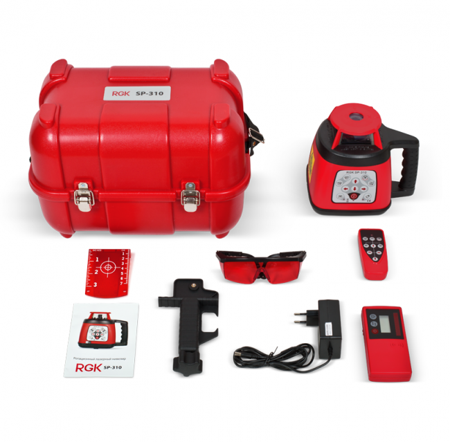 Комплект: ротационный нивелир RGK SP-310 + штатив RGK SH-170, рейка RGK LR-2 Комплект: ротационный нивелир RGK SP-310 + штатив RGK SH-170, рейка RGK LR-2